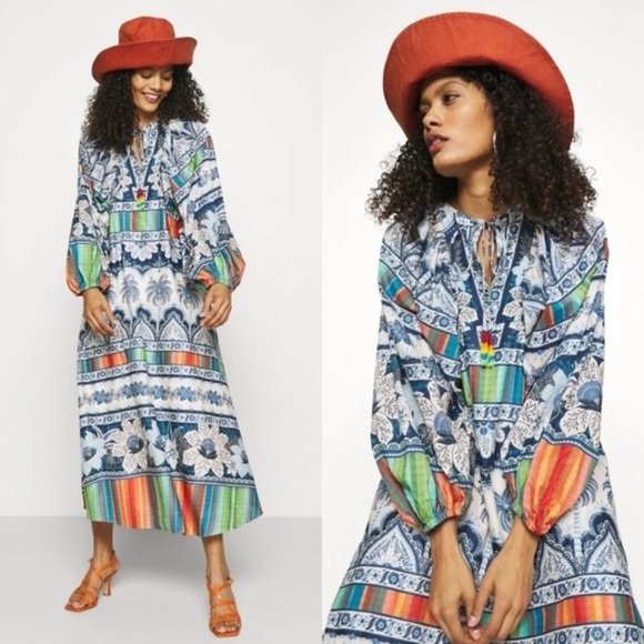 FARM RIO BLUE PALMS BALLOON SLEEVE DRESS SIZE MEDIUM NEW with TAGS - Picture 15 of 16